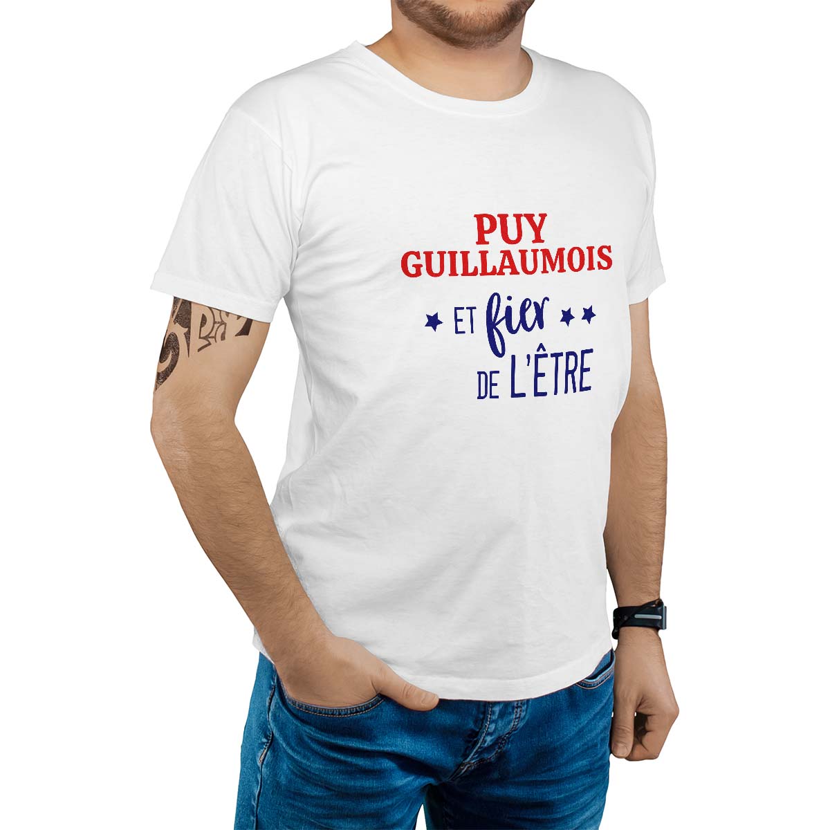 T-Shirt blanc pour homme avec le message personnalisé marine puy-guillaumois  et fier de l'être