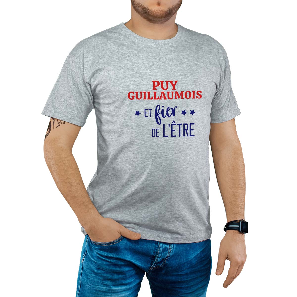 T-Shirt gris pour homme avec le message personnalisé marine puy-guillaumois  et fier de l'être
