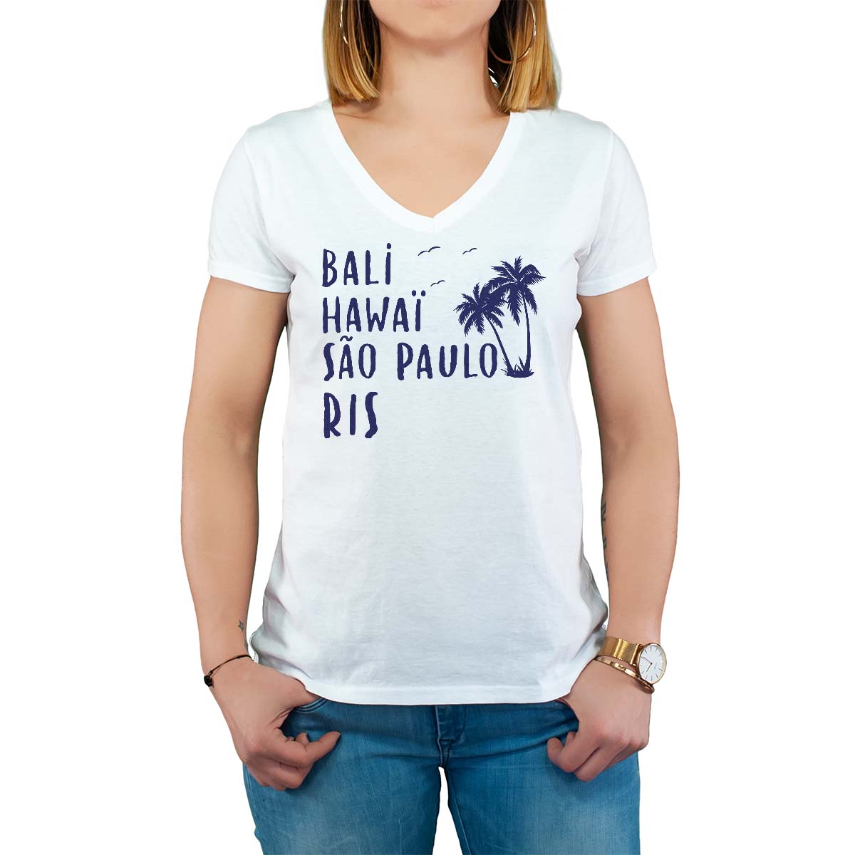 T-Shirt blanc pour femme avec le message personnalisé marine bali hawaï sao-paulo ris