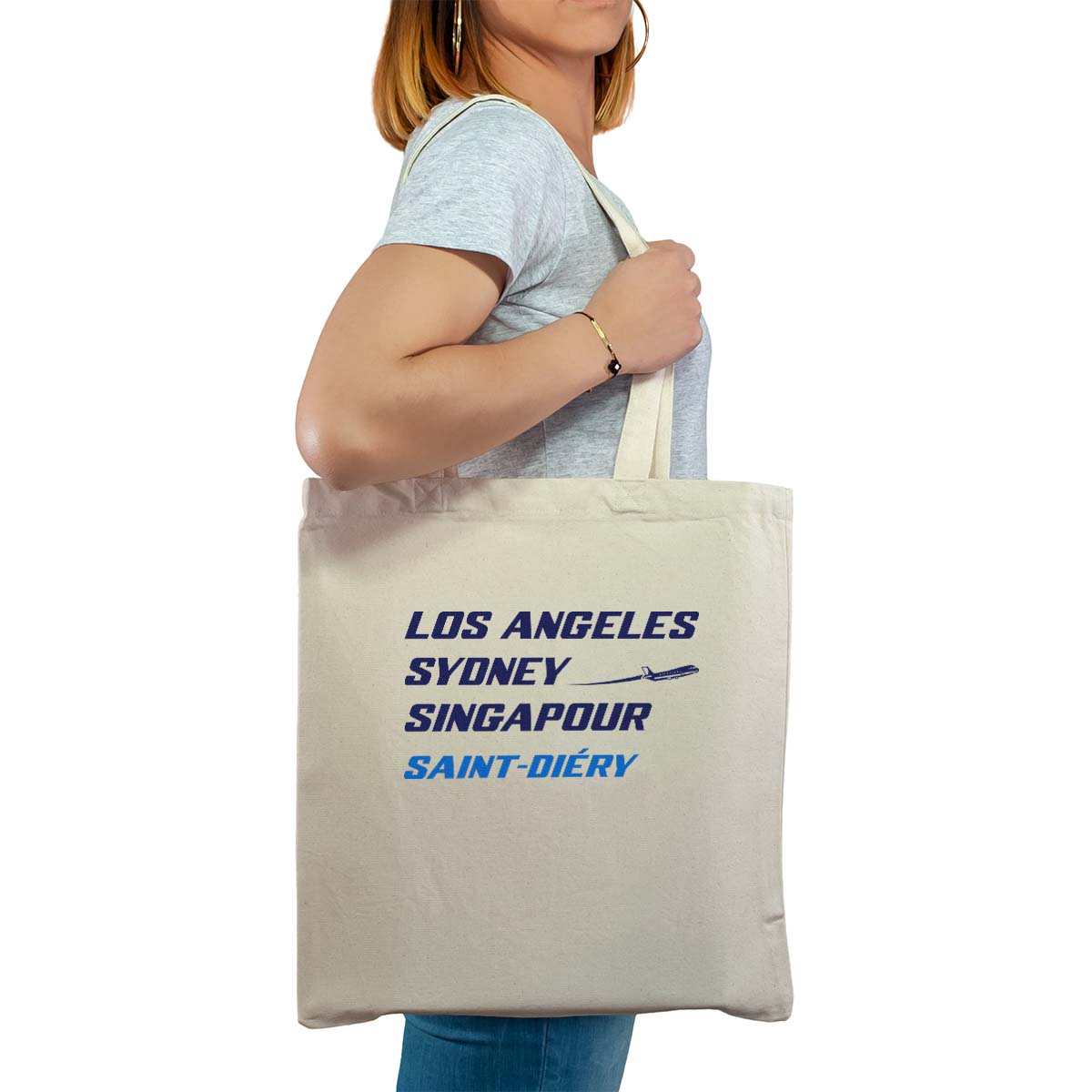 Totebag cabas personnalisé naturel pour femme avec le message personnalisé marine los angeles sydney singapour saint-diéry