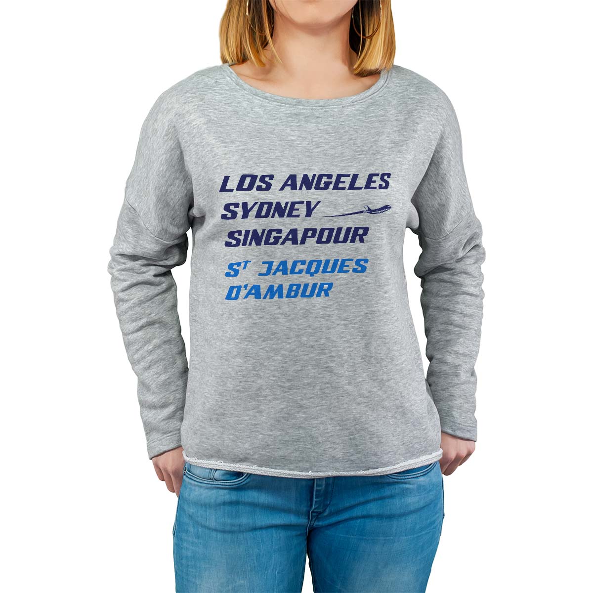 Sweat shirt gris pour femme avec le message personnalisé marine los angeles sydney singapour saint-jacques-d'ambur