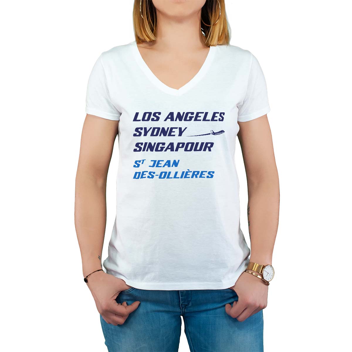 T-Shirt blanc pour femme avec le message personnalisé marine los angeles sydney singapour saint-jean-des-ollières