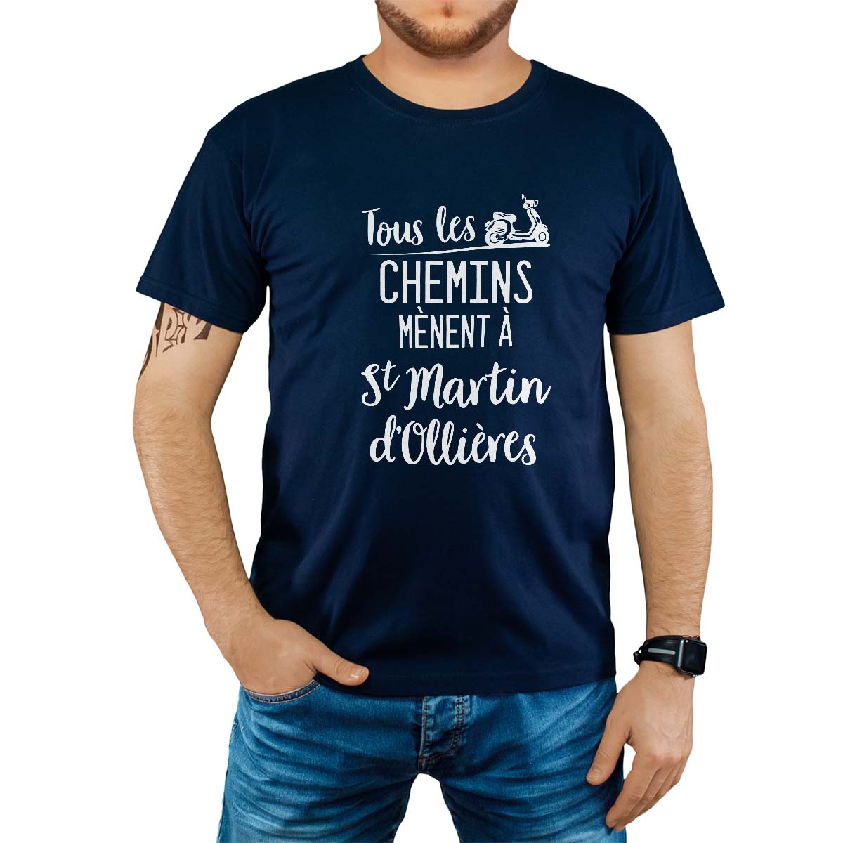 T-Shirt marine pour homme avec le message personnalisé blanc tous les chemins mènent à saint-martin-d'ollières