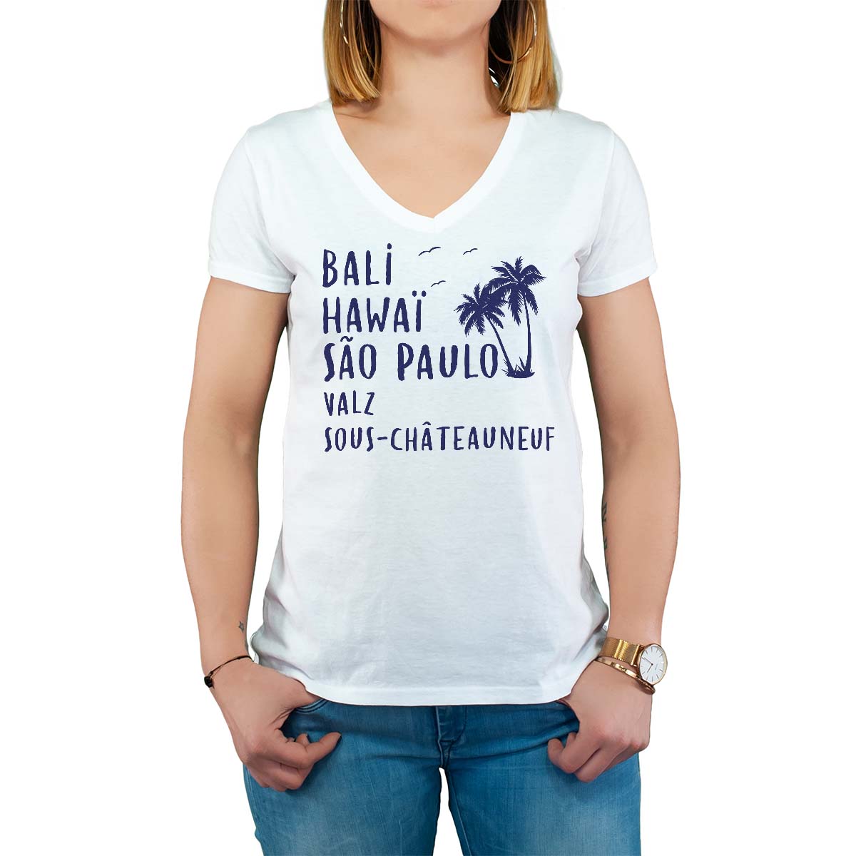 T-Shirt blanc pour femme avec le message personnalisé marine bali hawaï sao-paulo valz-sous-châteauneuf