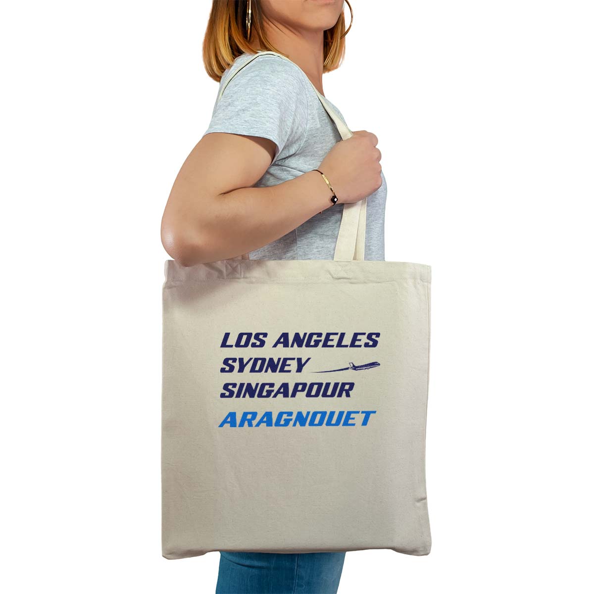 Totebag cabas personnalisé naturel pour femme avec le message personnalisé marine los angeles sydney singapour aragnouet