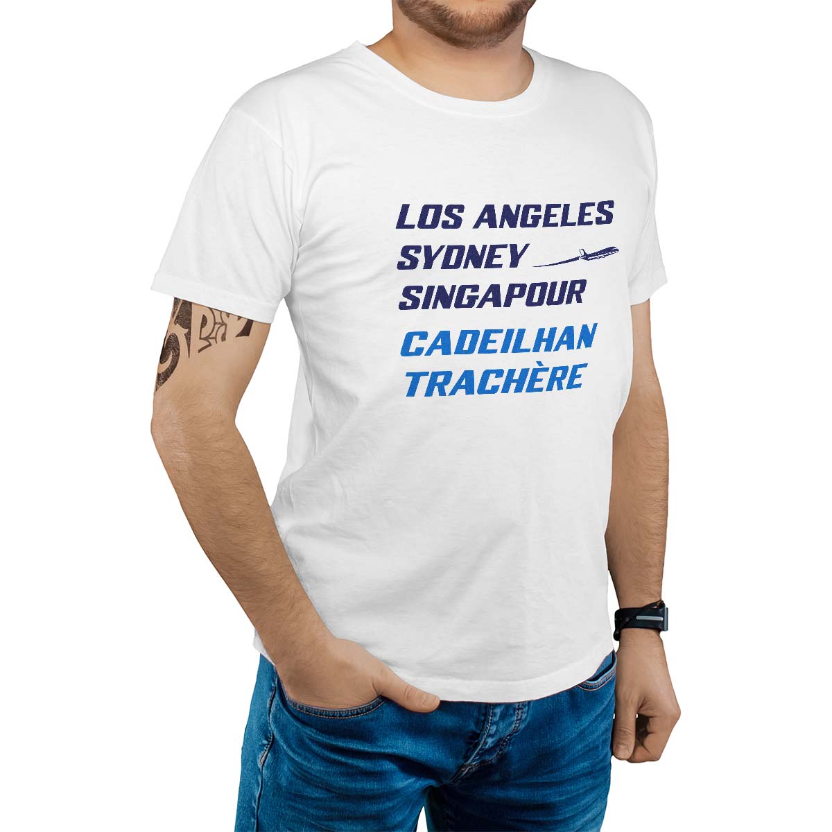 T-Shirt blanc pour homme avec le message personnalisé marine los angeles sydney singapour cadeilhan-trachère