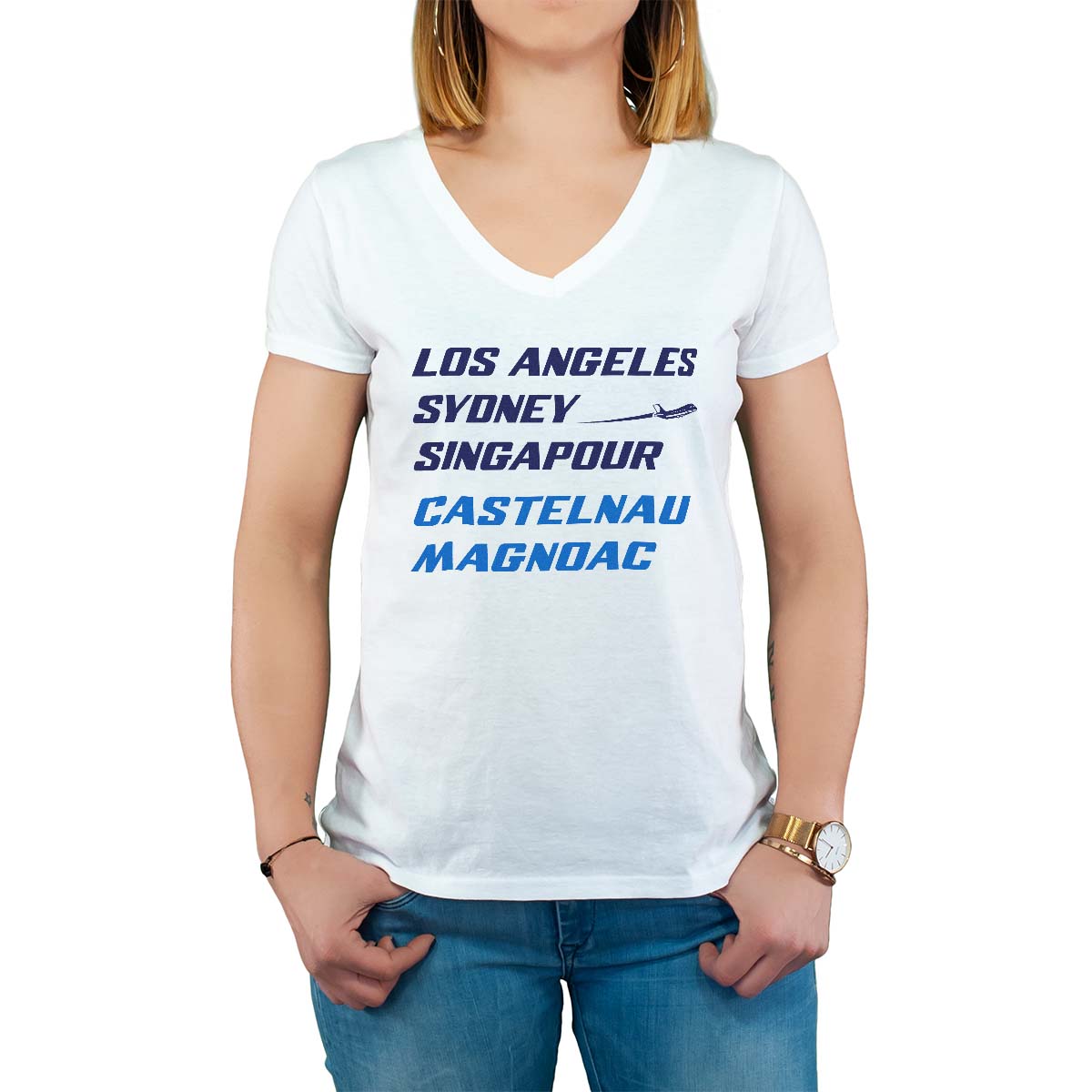 T-Shirt blanc pour femme avec le message personnalisé marine los angeles sydney singapour castelnau-magnoac