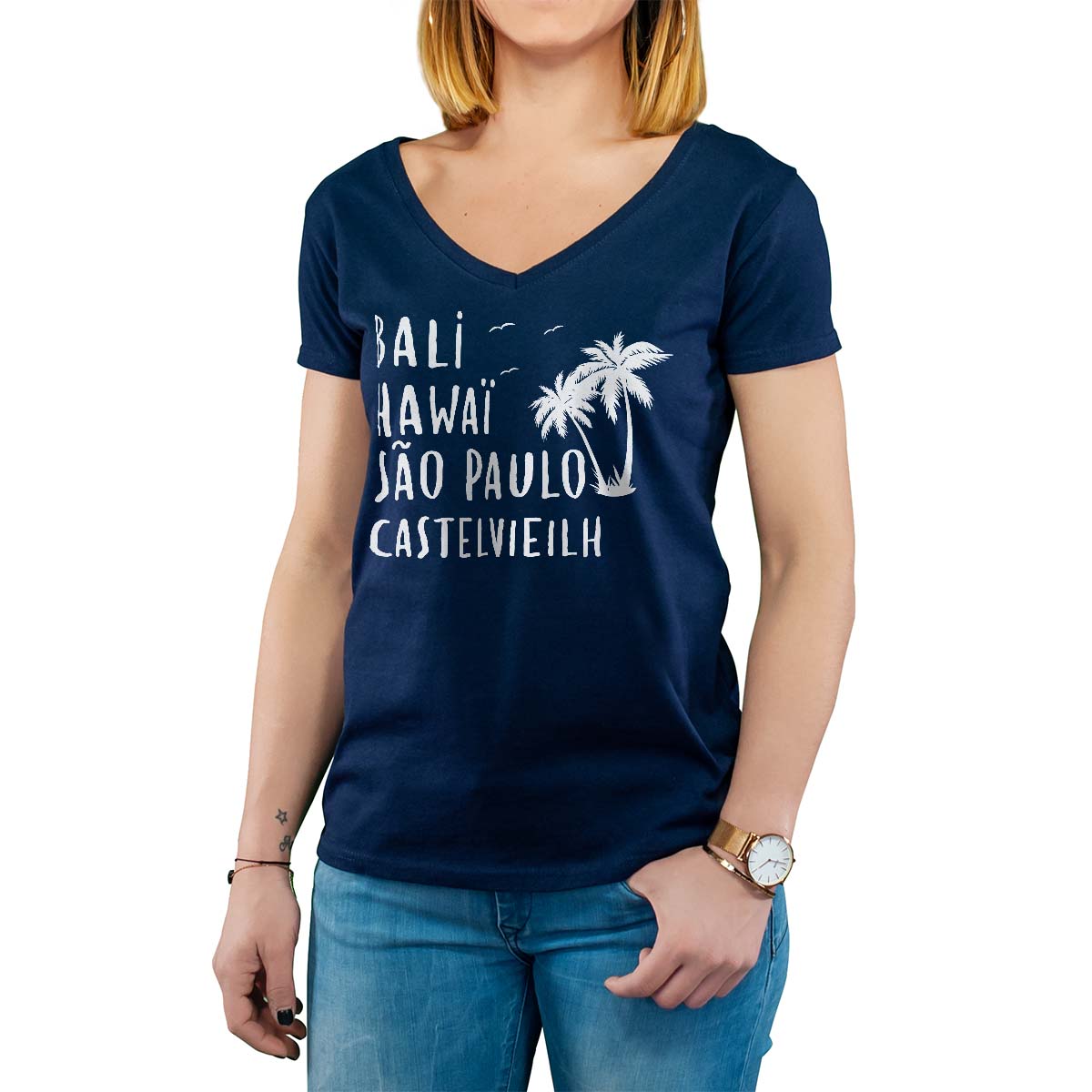 T-Shirt marine pour femme avec le message personnalisé blanc bali hawaï sao-paulo castelvieilh