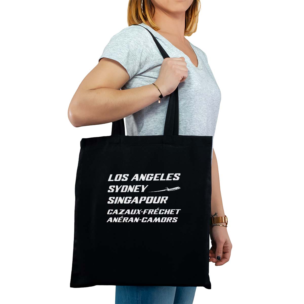 Totebag cabas personnalisé noir pour femme avec le message personnalisé blanc los angeles sydney singapour cazaux-fréchet-anéran-camors