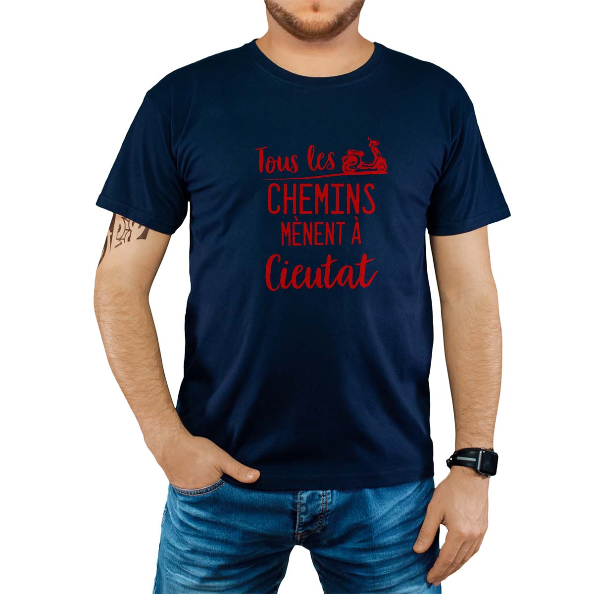 T-Shirt marine pour homme avec le message personnalisé rouge tous les chemins mènent à cieutat