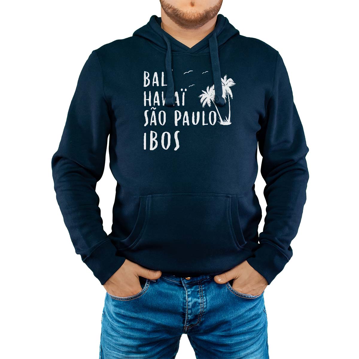 Sweat-shirt à capuche marine pour homme avec le message personnalisé blanc bali hawaï sao-paulo ibos