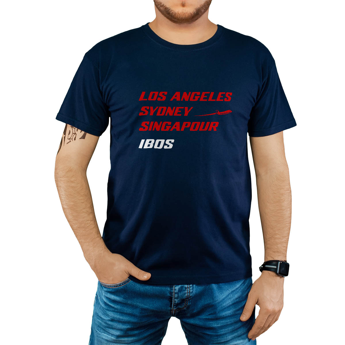 T-Shirt marine pour homme avec le message personnalisé rouge los angeles sydney singapour ibos