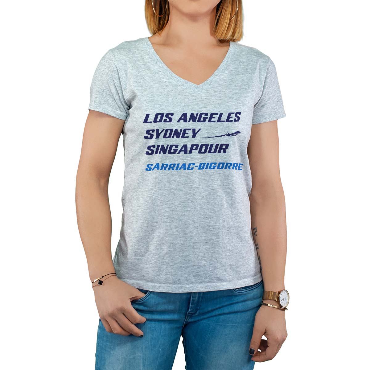 T-Shirt gris pour femme avec le message personnalisé marine los angeles sydney singapour sarriac-bigorre
