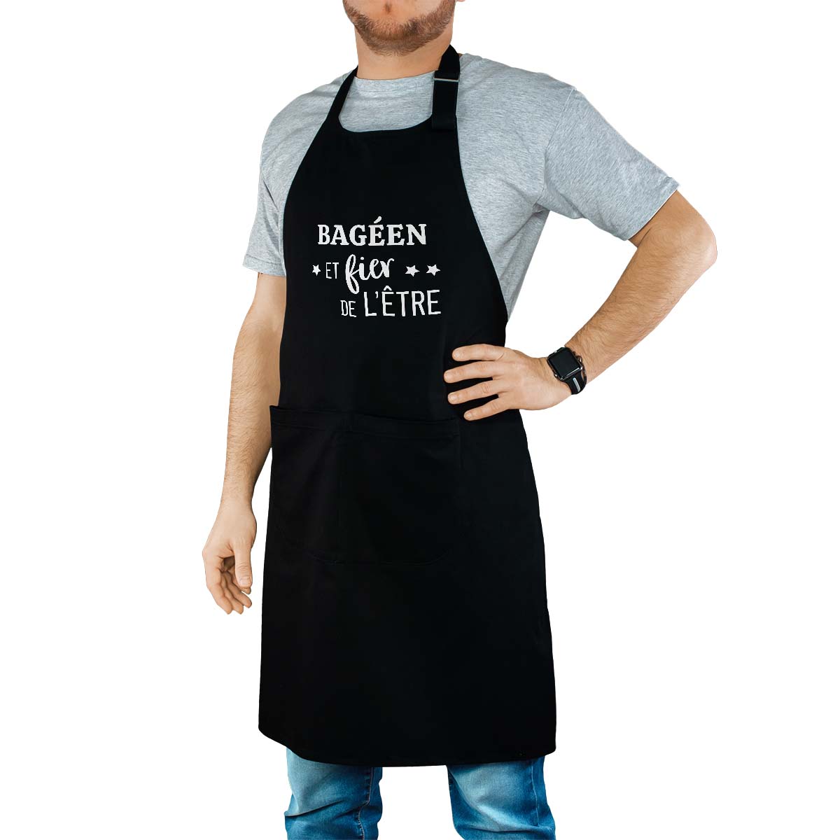 Tablier de cuisine personnalisé noir pour homme avec le message personnalisé blanc bagéen  et fier de l'être
