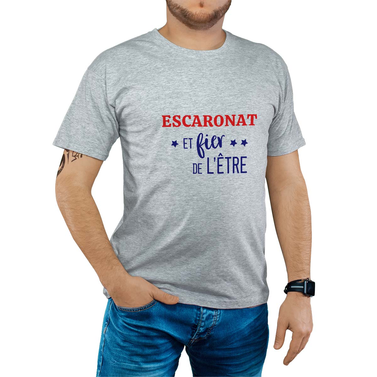 T-Shirt gris pour homme avec le message personnalisé marine escaronat  et fier de l'être