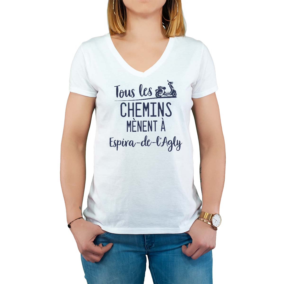 T-Shirt blanc pour femme avec le message personnalisé marine tous les chemins mènent à espira-de-l'agly