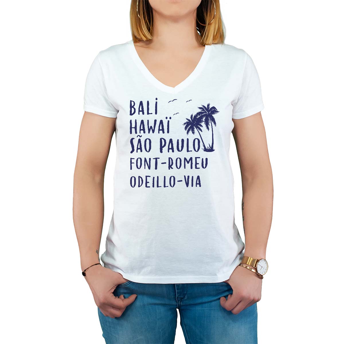 T-Shirt blanc pour femme avec le message personnalisé marine bali hawaï sao-paulo font-romeu-odeillo-via