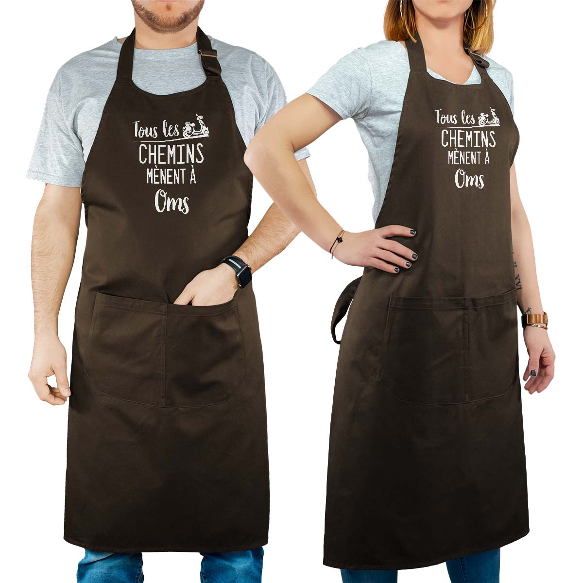 Tablier de cuisine personnalisé cacao pour femme avec le message personnalisé blanc tous les chemins mènent à oms