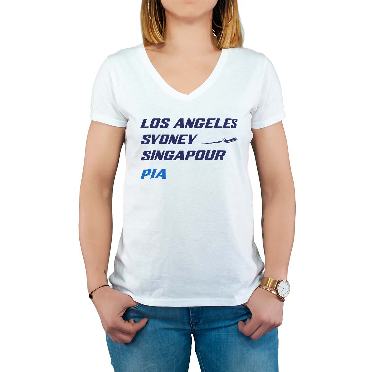 T-Shirt blanc pour femme avec le message personnalisé marine los angeles sydney singapour pia
