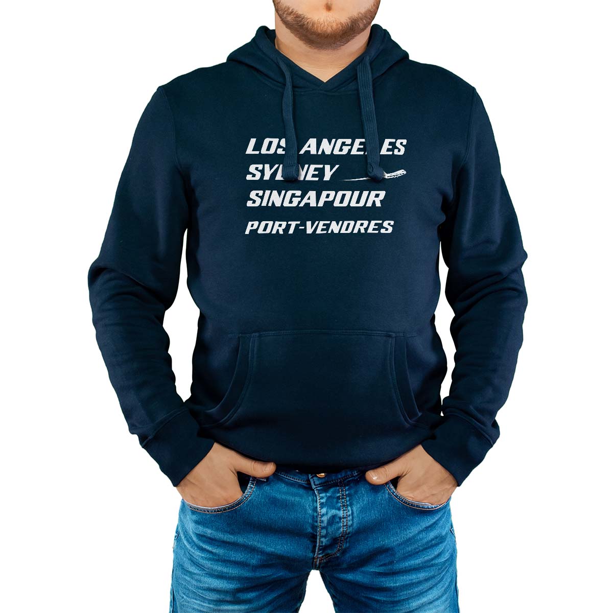 Sweat-shirt à capuche marine pour homme avec le message personnalisé blanc los angeles sydney singapour port-vendres