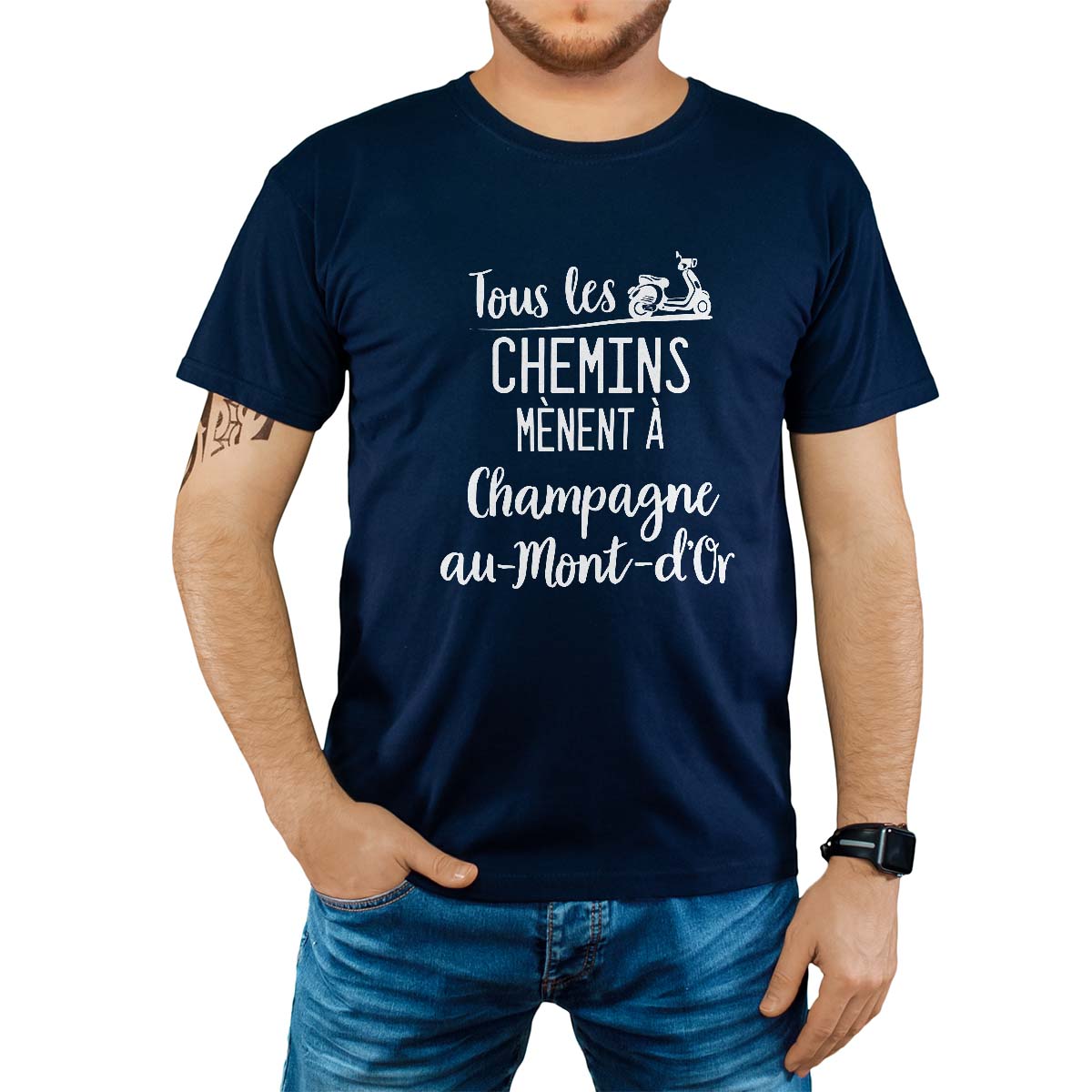 T-Shirt marine pour homme avec le message personnalisé blanc tous les chemins mènent à champagne-au-mont-d'or