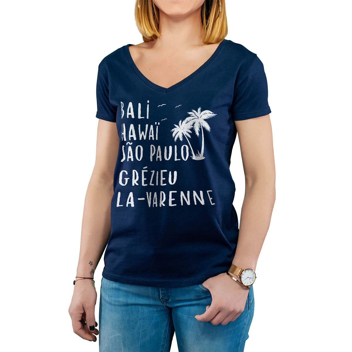 T-Shirt marine pour femme avec le message personnalisé blanc bali hawaï sao-paulo grézieu-la-varenne