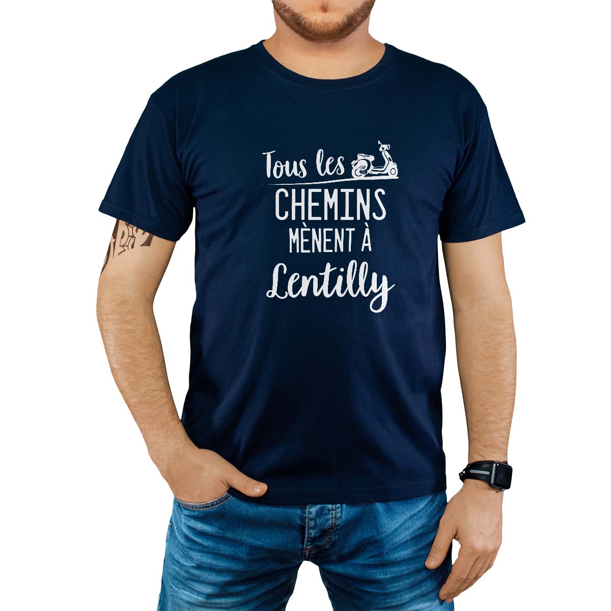 T-Shirt marine pour homme avec le message personnalisé blanc tous les chemins mènent à lentilly
