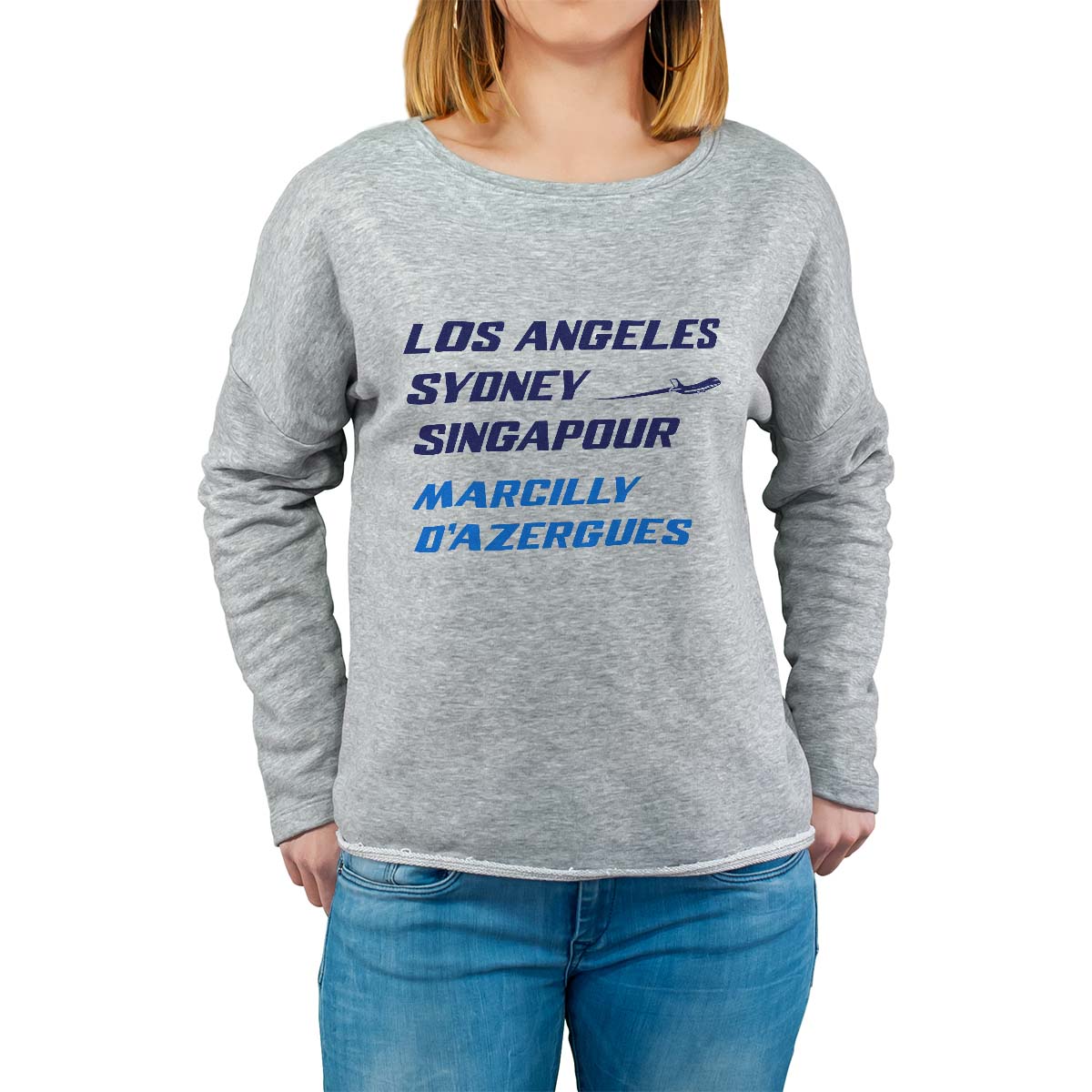 Sweat shirt gris pour femme avec le message personnalisé marine los angeles sydney singapour marcilly-d'azergues
