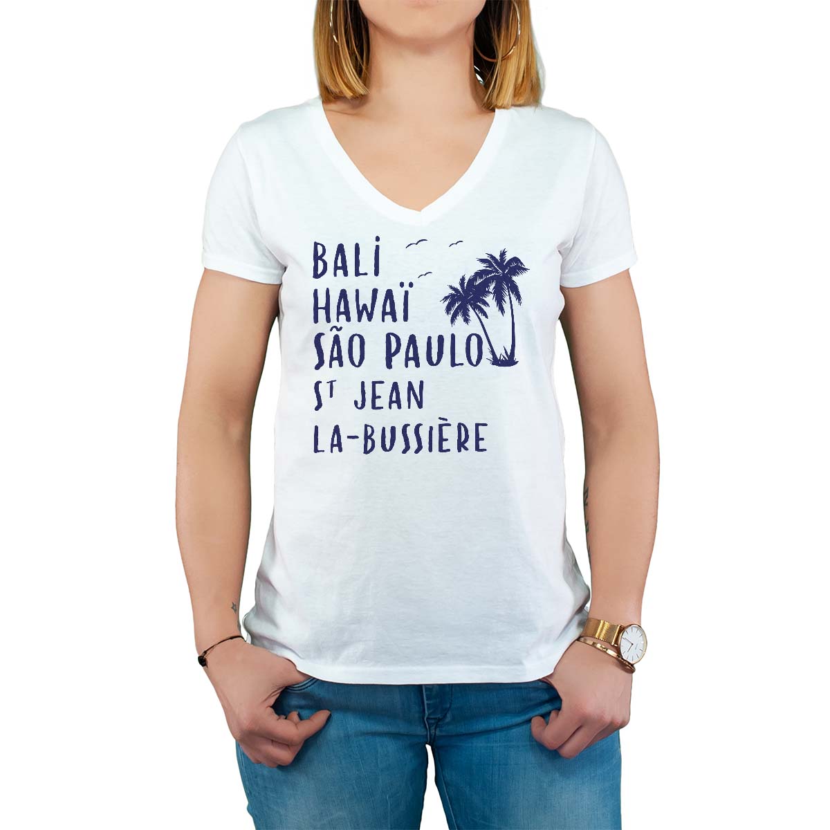T-Shirt blanc pour femme avec le message personnalisé marine bali hawaï sao-paulo saint-jean-la-bussière