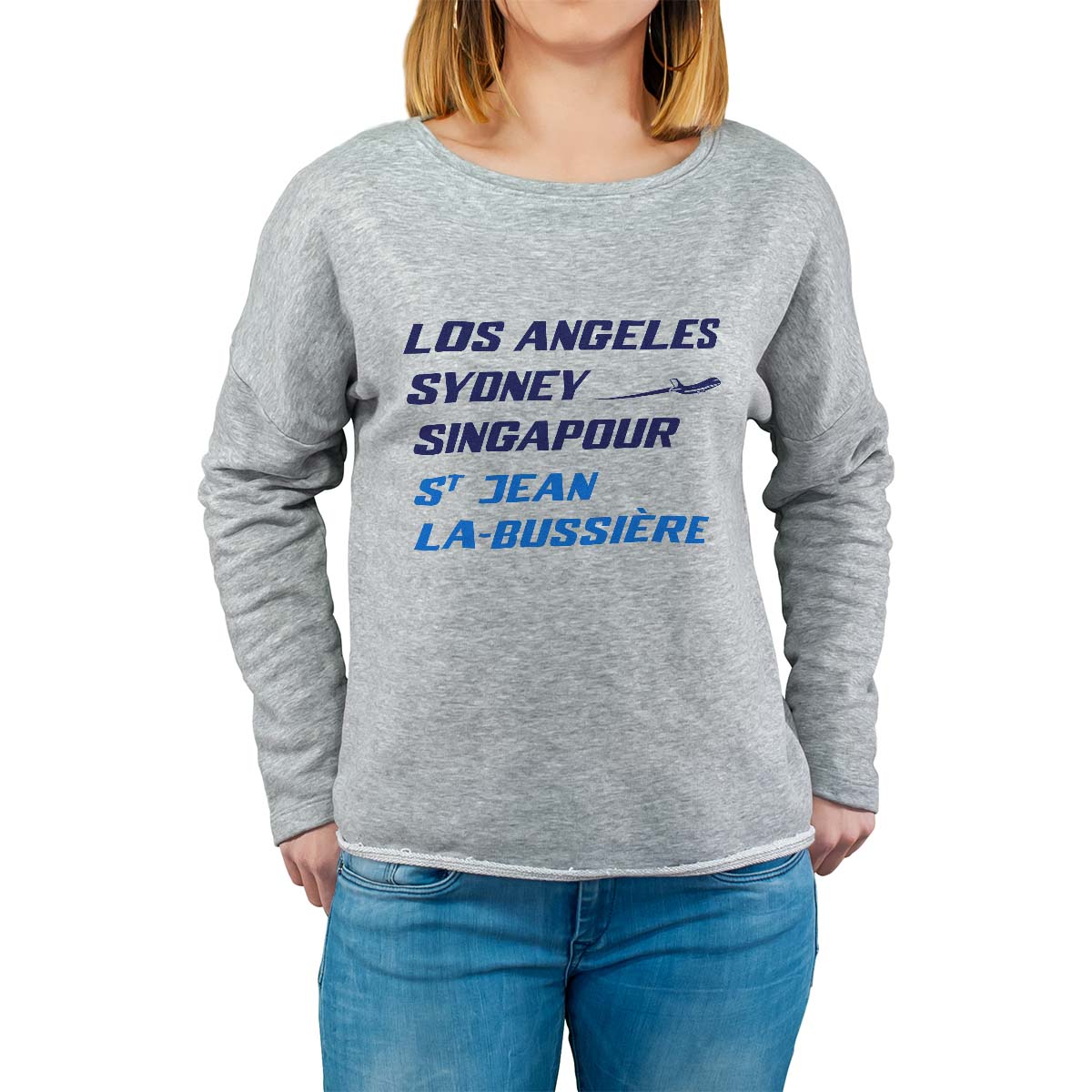 Sweat shirt gris pour femme avec le message personnalisé marine los angeles sydney singapour saint-jean-la-bussière