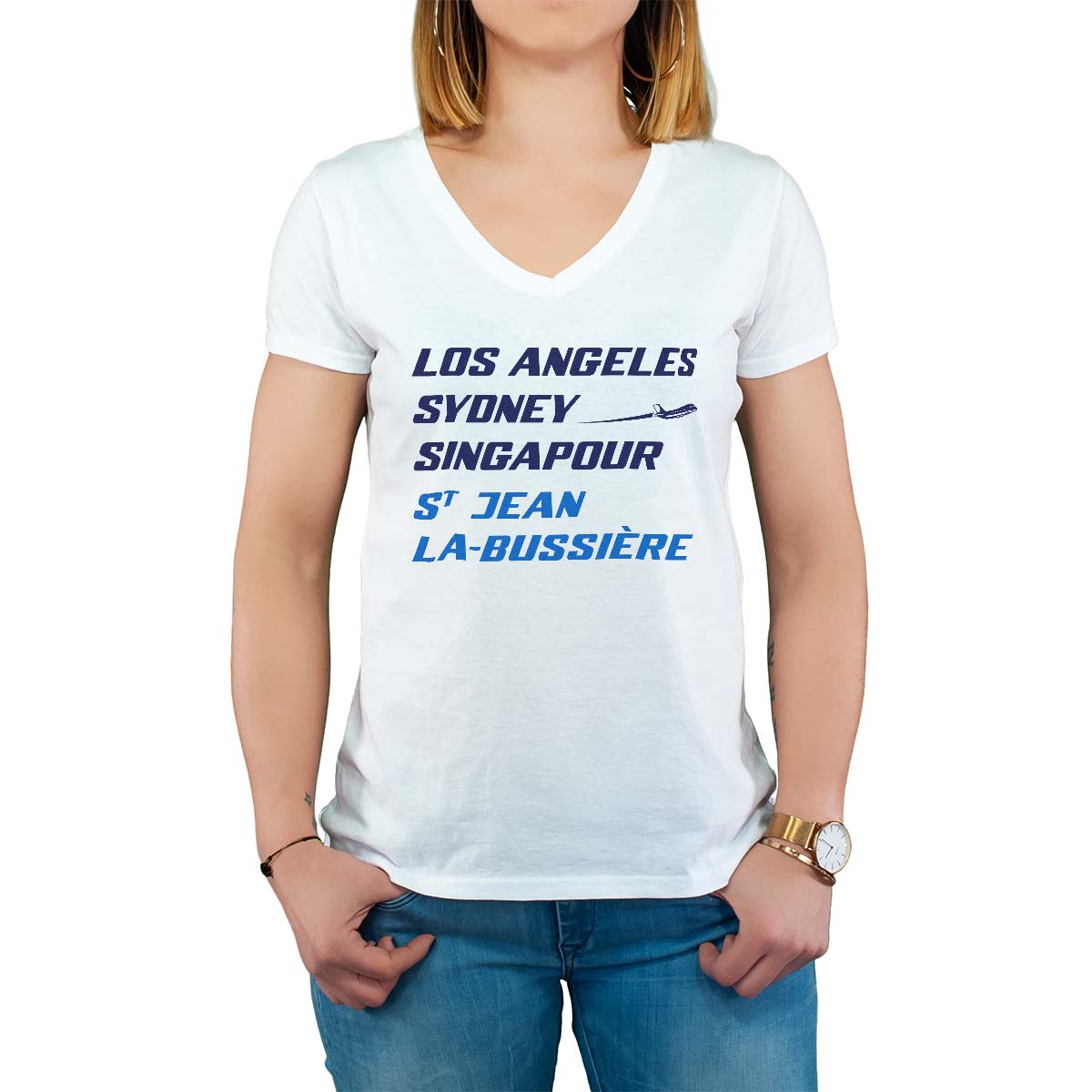 T-Shirt blanc pour femme avec le message personnalisé marine los angeles sydney singapour saint-jean-la-bussière