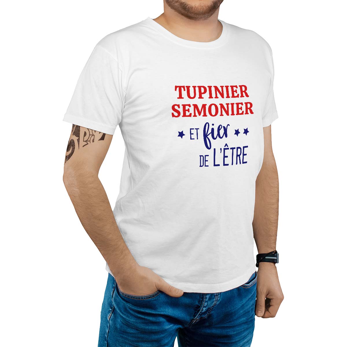 T-Shirt blanc pour homme avec le message personnalisé marine tupiniers-semonier  et fier de l'être