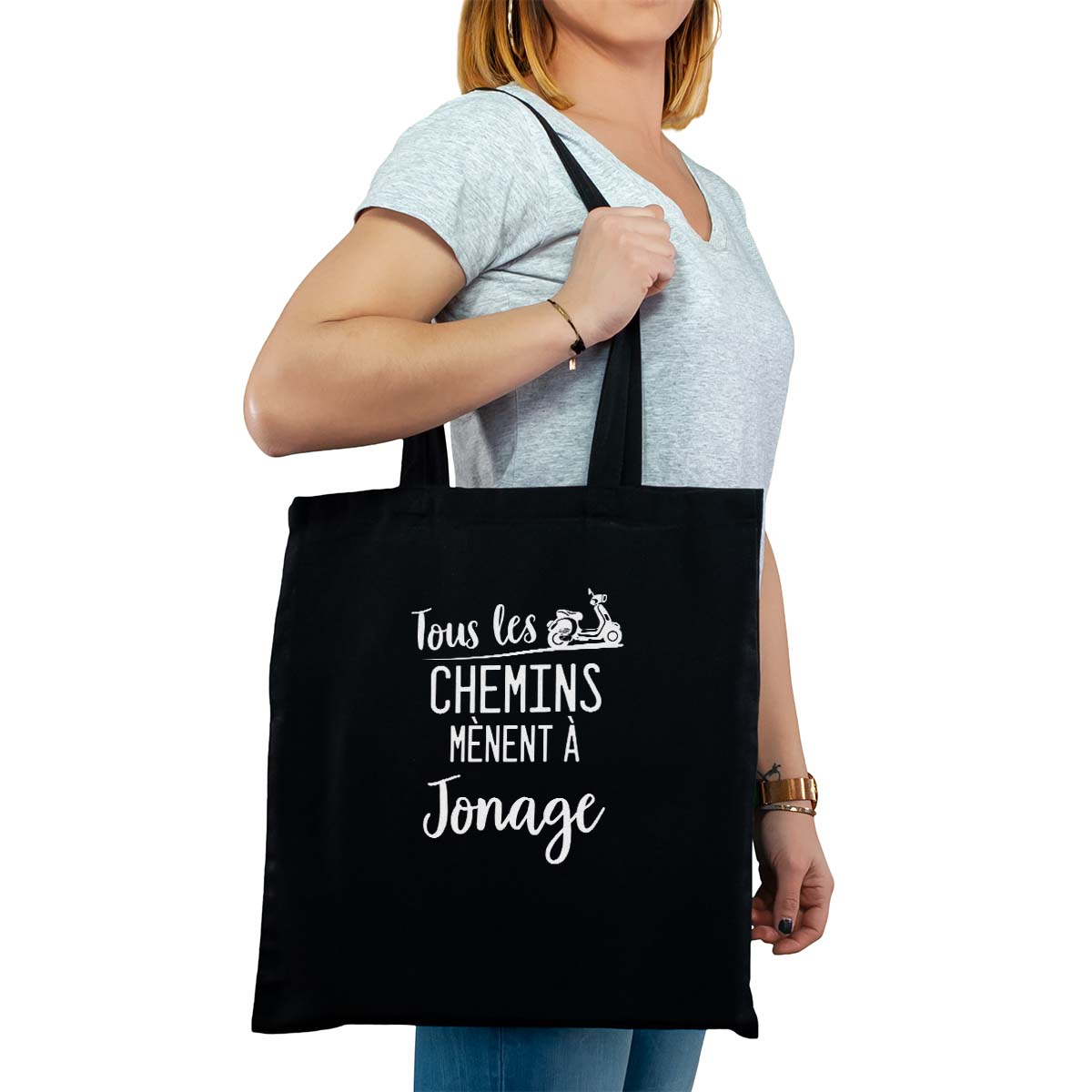 Totebag cabas personnalisé noir pour femme avec le message personnalisé blanc tous les chemins mènent à jonage