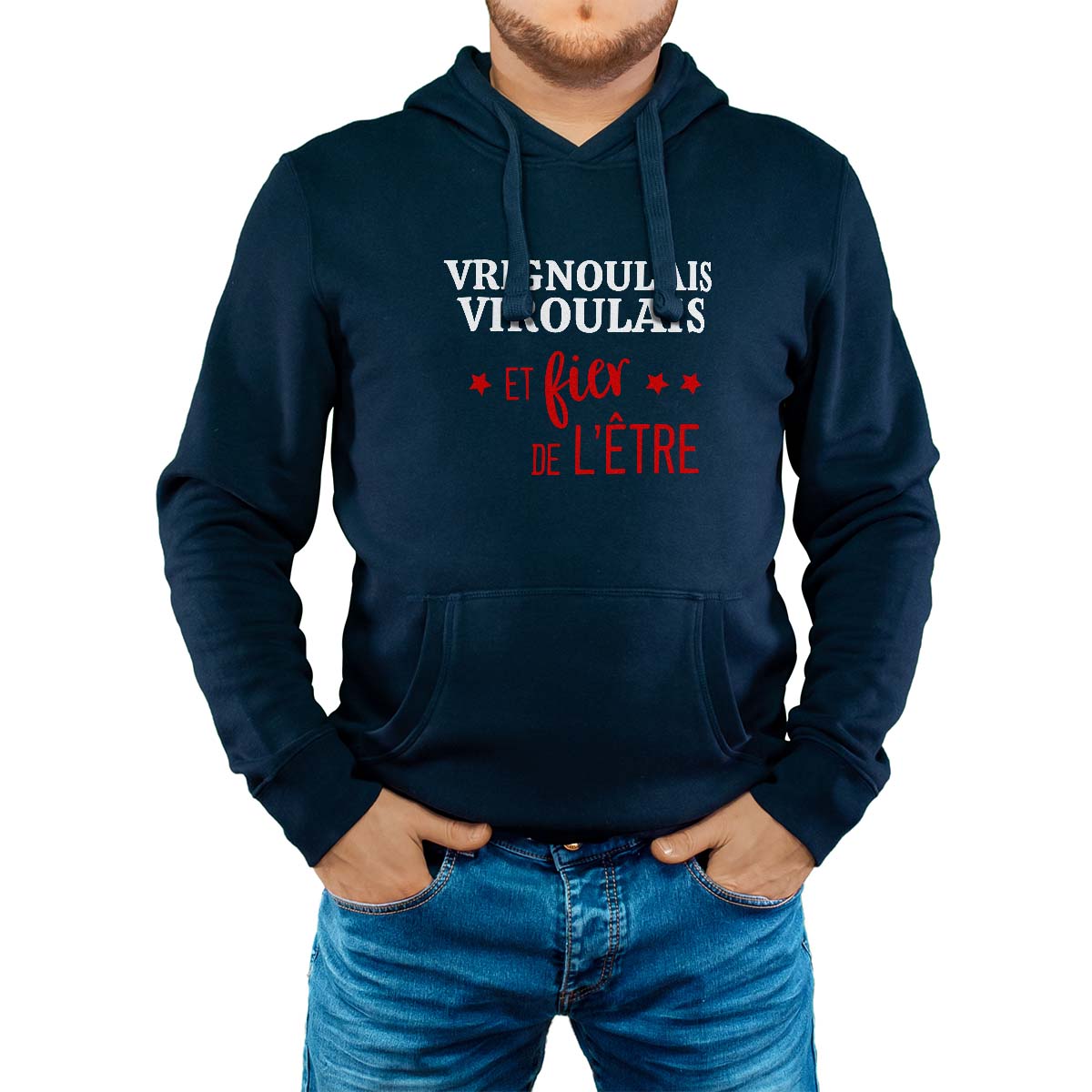 Sweat-shirt à capuche marine pour homme avec le message personnalisé rouge vrignoulaises-viroulais  et fier de l'être