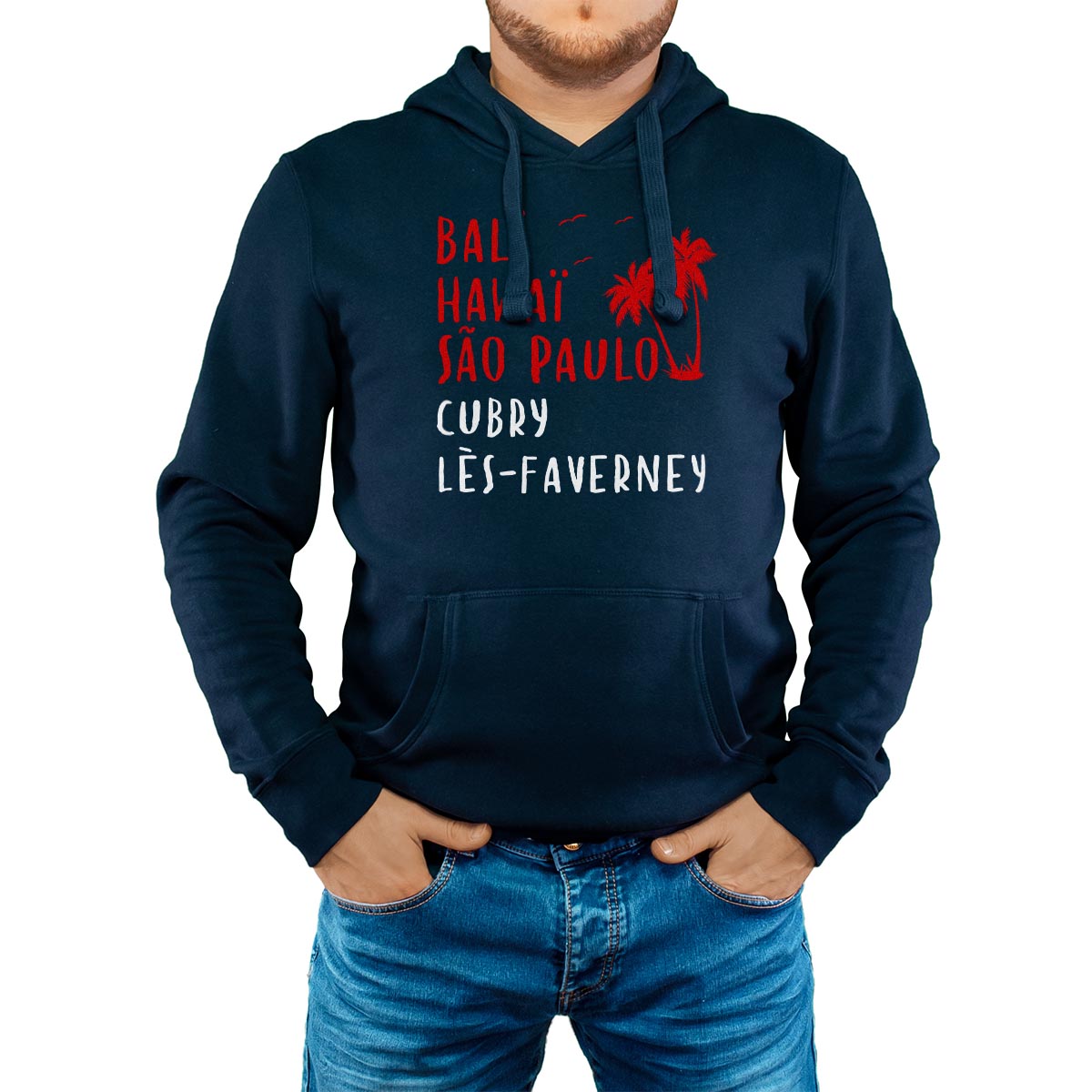 Sweat-shirt à capuche marine pour homme avec le message personnalisé rouge bali hawaï sao-paulo cubry-lès-faverney