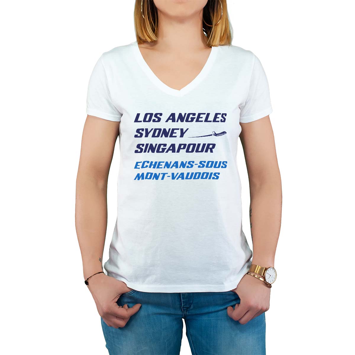 T-Shirt blanc pour femme avec le message personnalisé marine los angeles sydney singapour echenans-sous-mont-vaudois