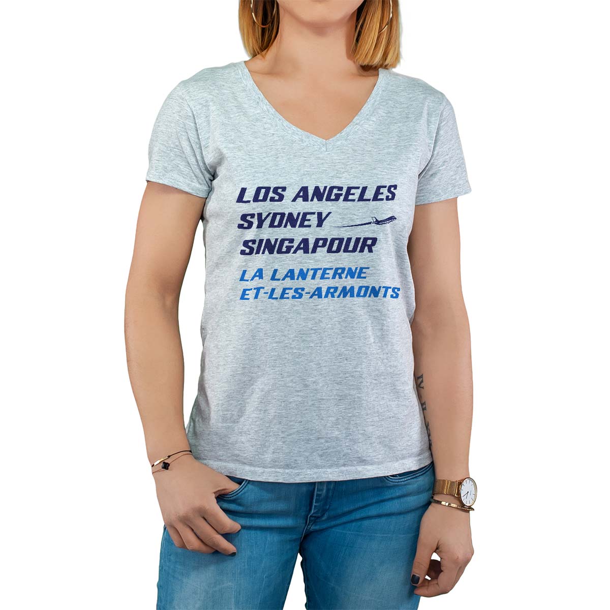 T-Shirt gris pour femme avec le message personnalisé marine los angeles sydney singapour la lanterne-et-les-armonts