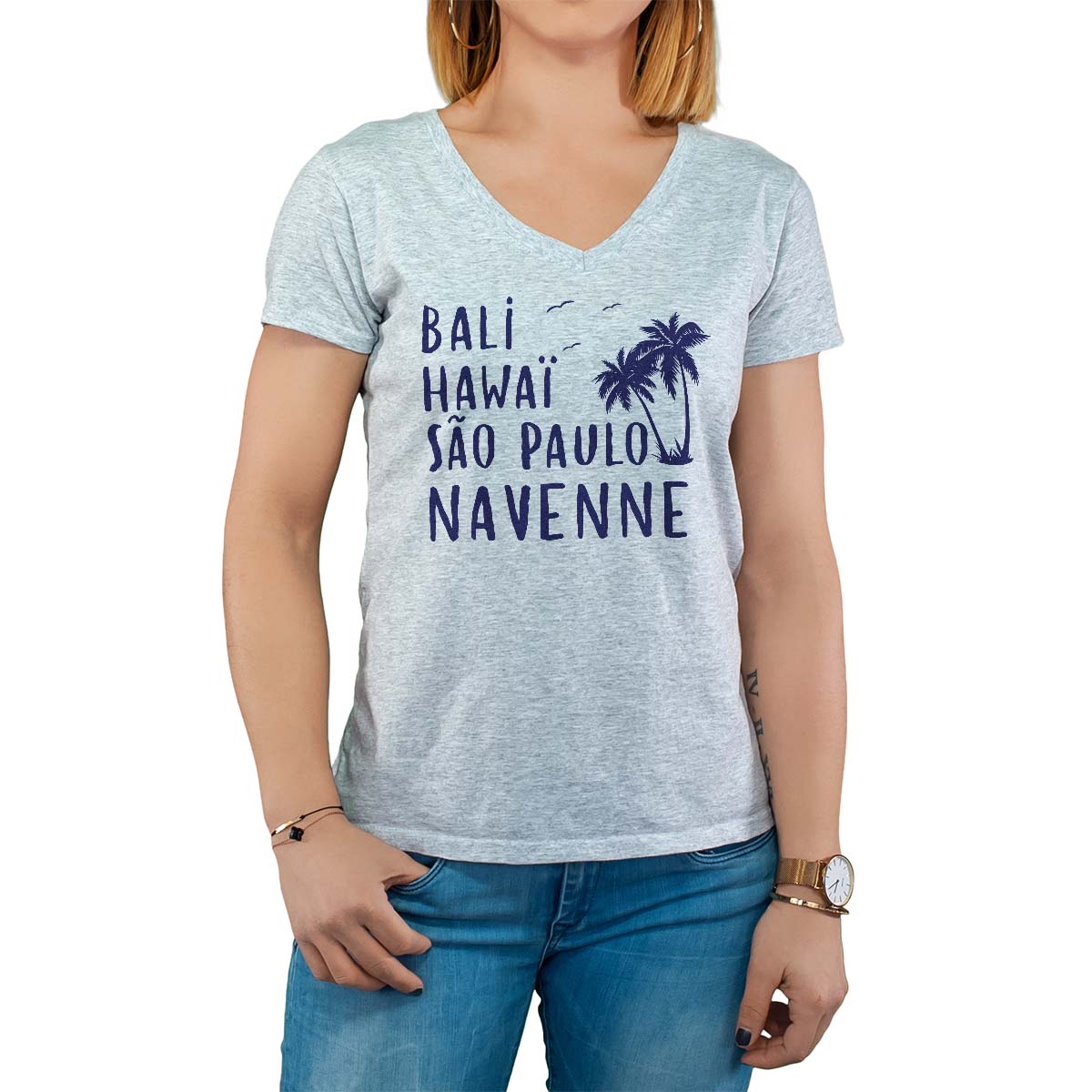 T-Shirt gris pour femme avec le message personnalisé marine bali hawaï sao-paulo navenne