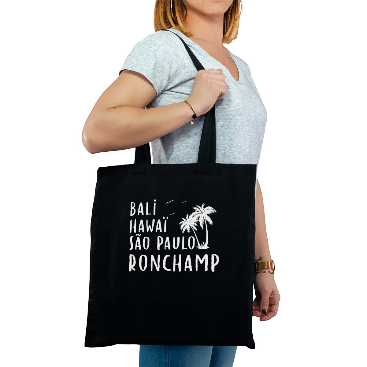 Totebag cabas personnalisé noir pour femme avec le message personnalisé blanc bali hawaï sao-paulo ronchamp