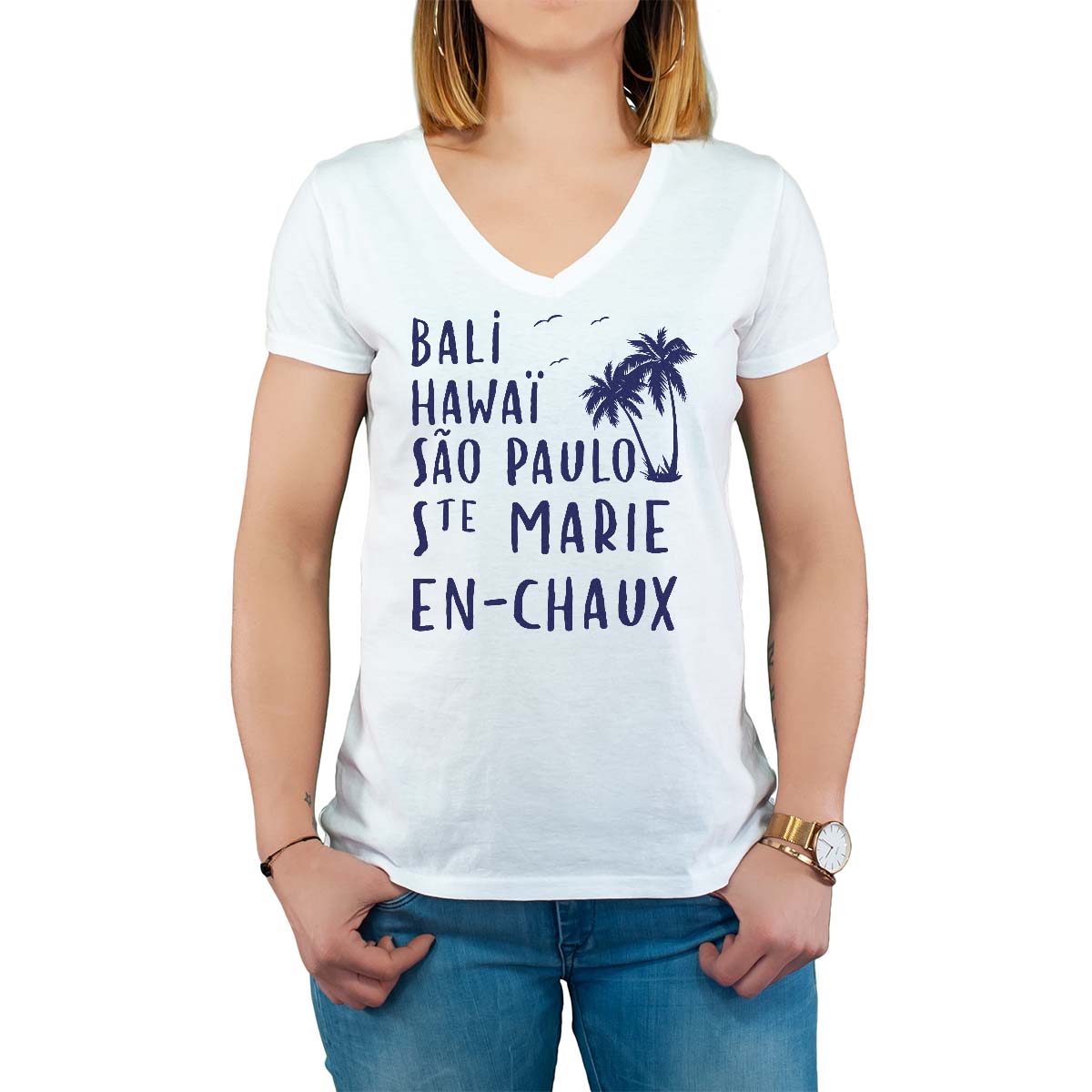 T-Shirt blanc pour femme avec le message personnalisé marine bali hawaï sao-paulo sainte-marie-en-chaux
