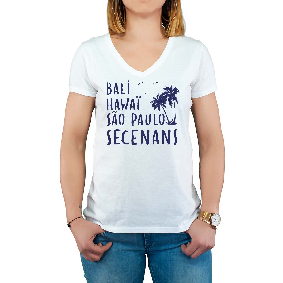 T-Shirt blanc pour femme avec le message personnalisé marine bali hawaï sao-paulo secenans