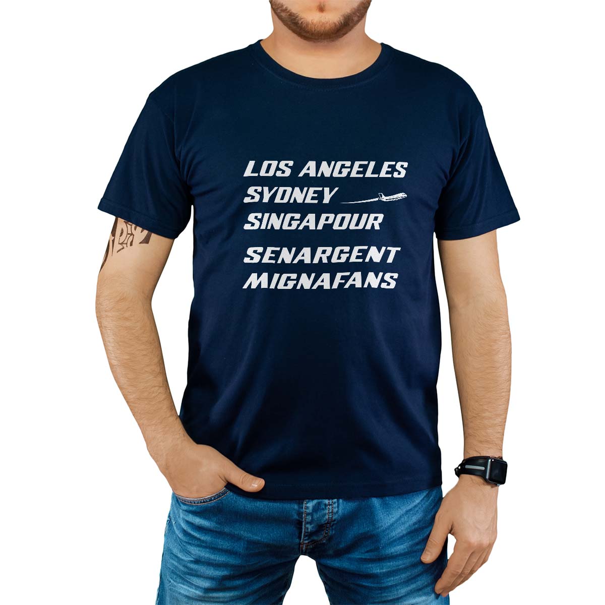 T-Shirt marine pour homme avec le message personnalisé blanc los angeles sydney singapour senargent-mignafans