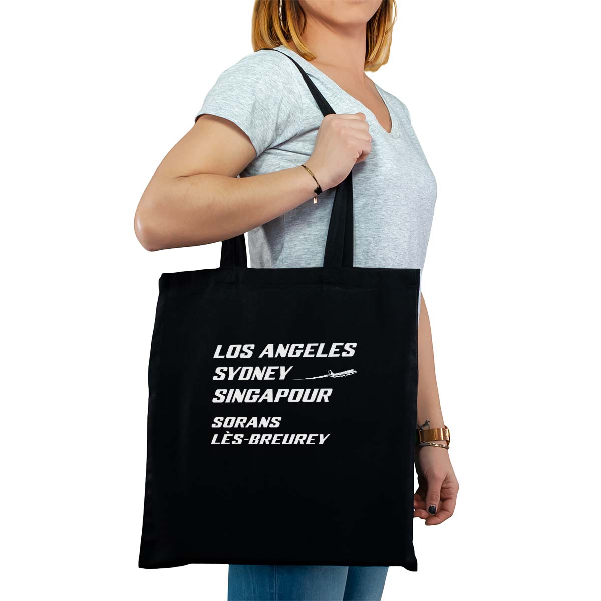 Totebag cabas personnalisé noir pour femme avec le message personnalisé blanc los angeles sydney singapour sorans-lès-breurey