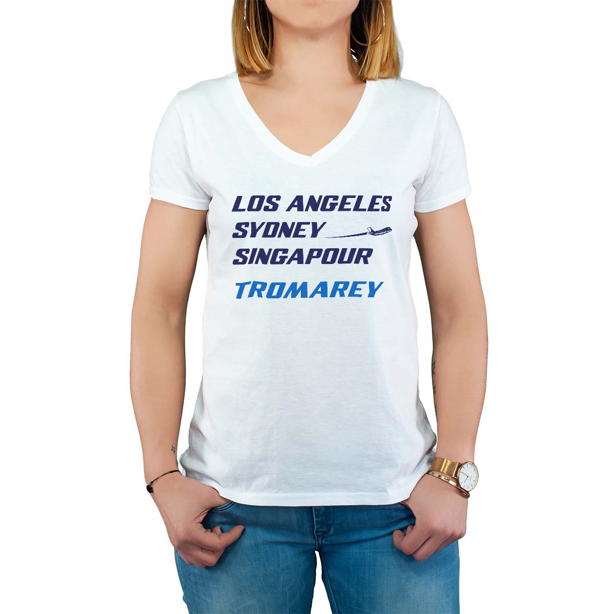 T-Shirt blanc pour femme avec le message personnalisé marine los angeles sydney singapour tromarey