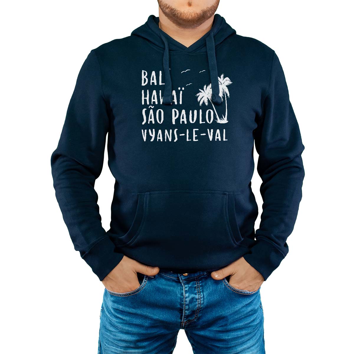 Sweat-shirt à capuche marine pour homme avec le message personnalisé blanc bali hawaï sao-paulo vyans-le-val