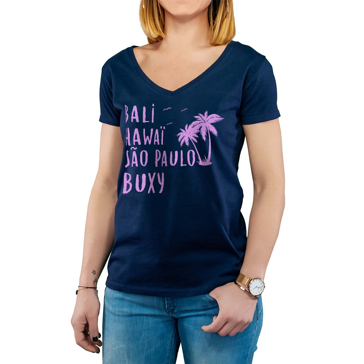 T-Shirt marine pour femme avec le message personnalisé rose bali hawaï sao-paulo buxy