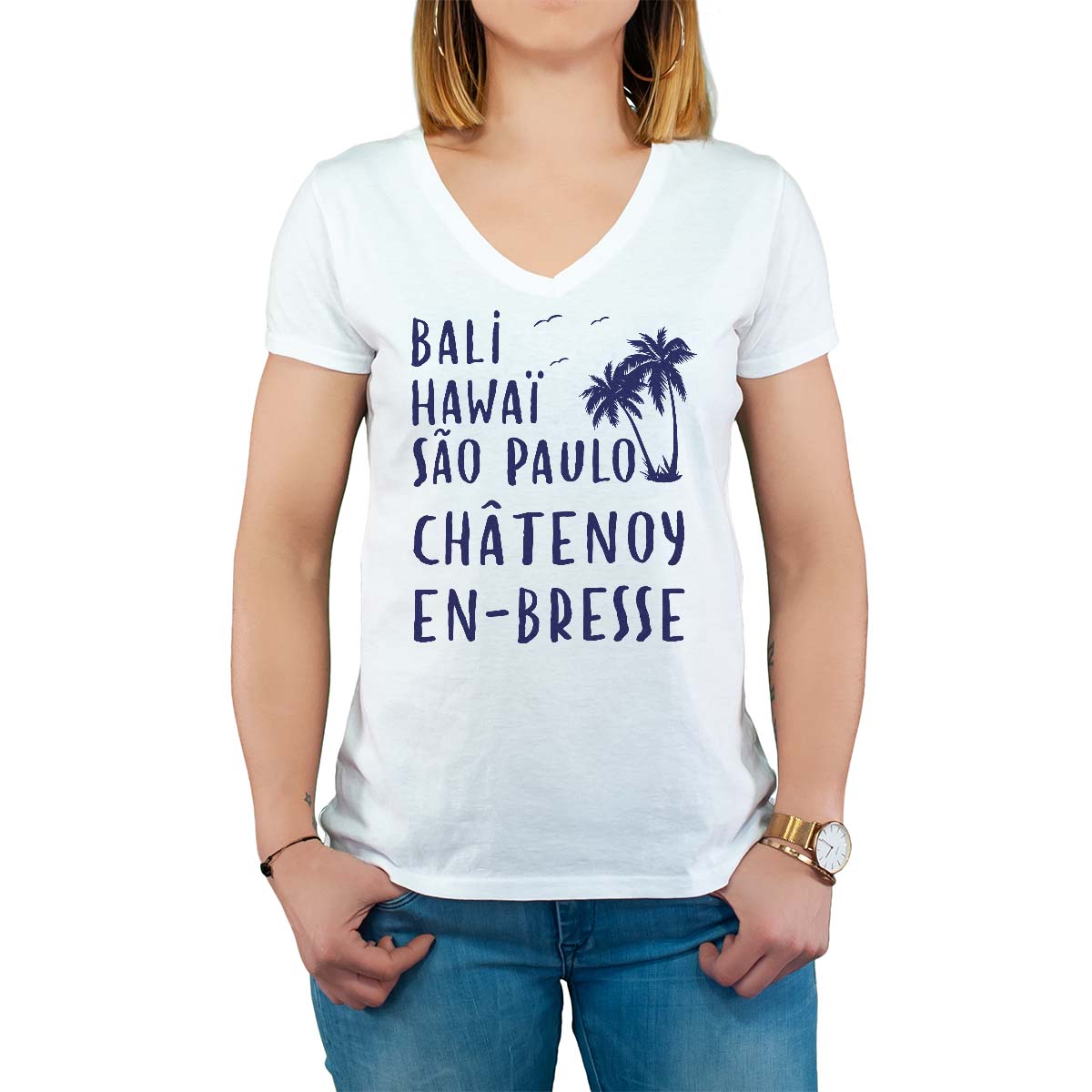 T-Shirt blanc pour femme avec le message personnalisé marine bali hawaï sao-paulo châtenoy-en-bresse