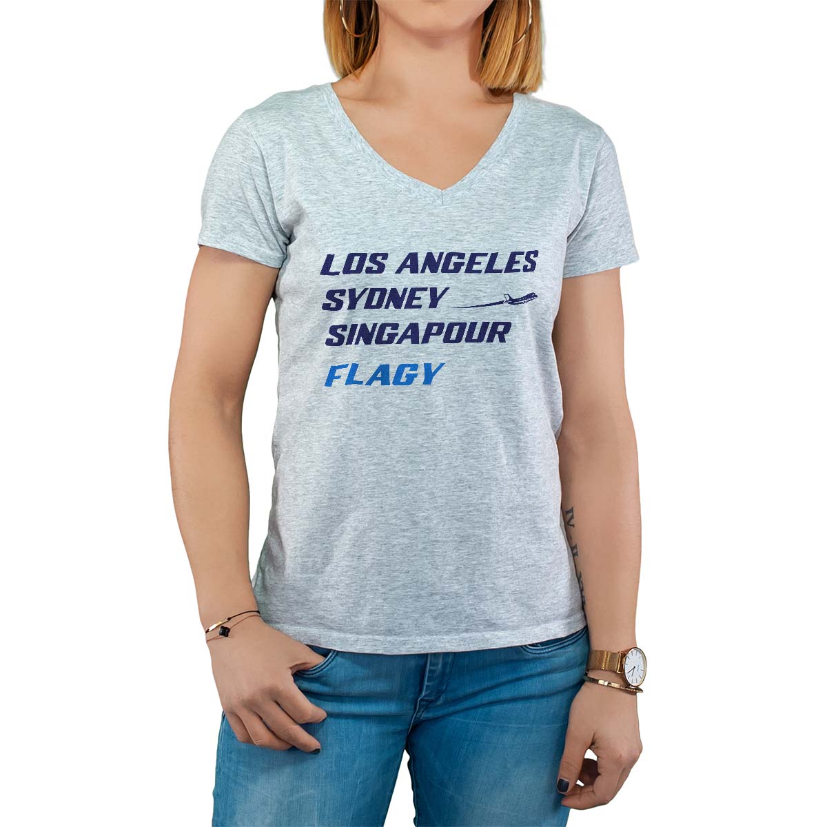 T-Shirt gris pour femme avec le message personnalisé marine los angeles sydney singapour flagy