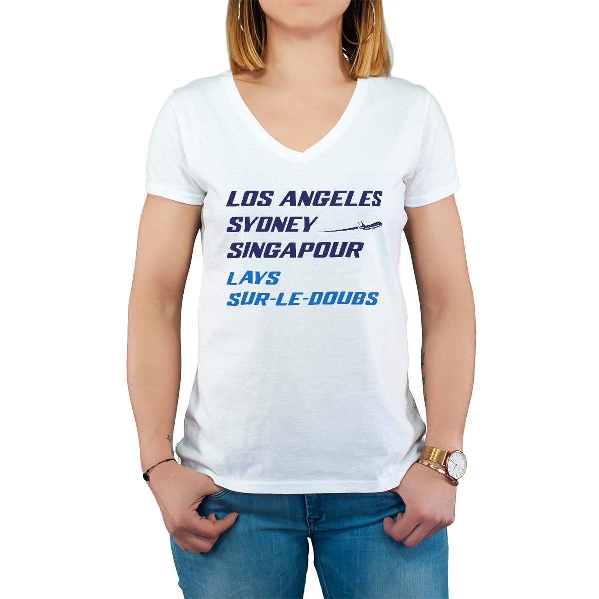 T-Shirt blanc pour femme avec le message personnalisé marine los angeles sydney singapour lays-sur-le-doubs
