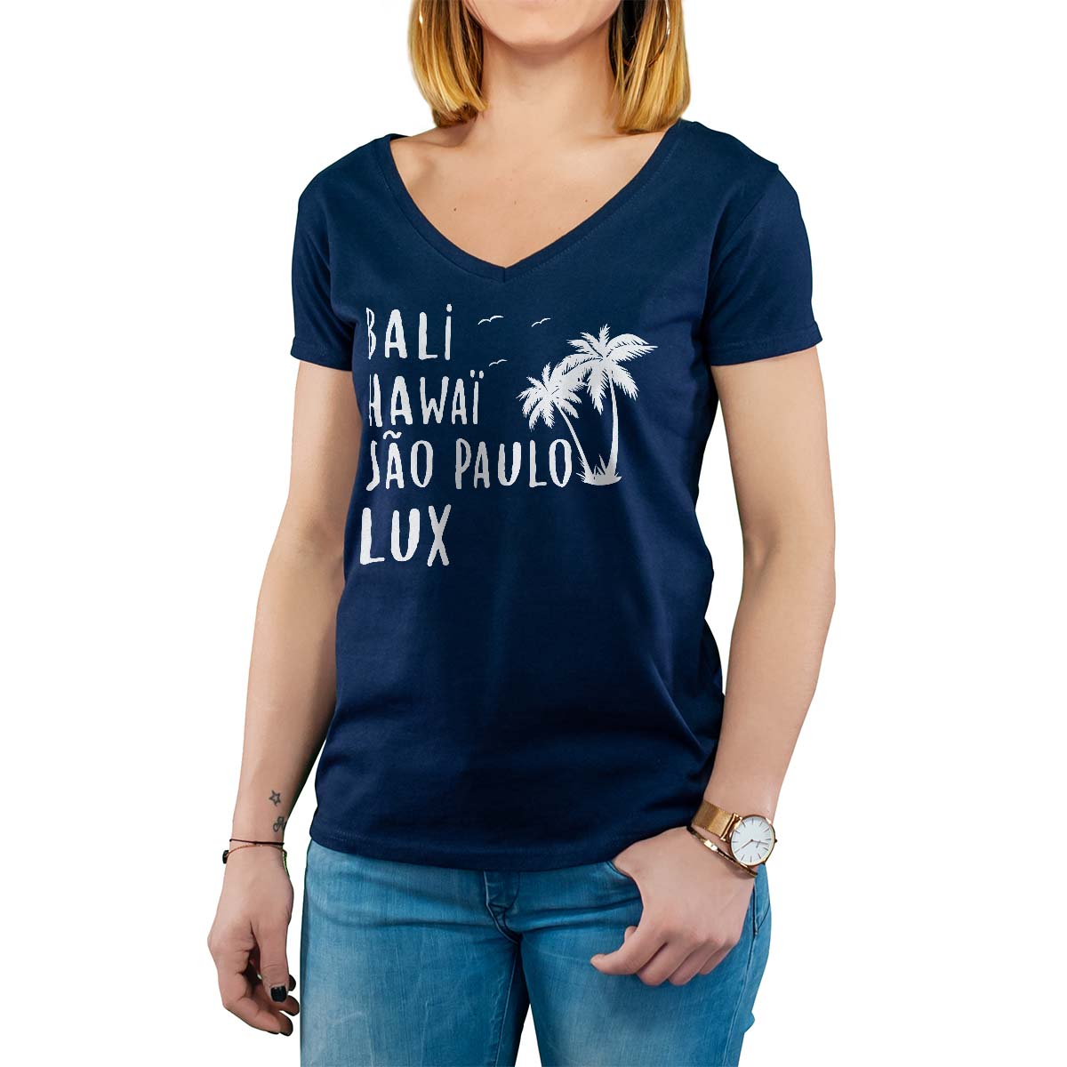 T-Shirt marine pour femme avec le message personnalisé blanc bali hawaï sao-paulo lux